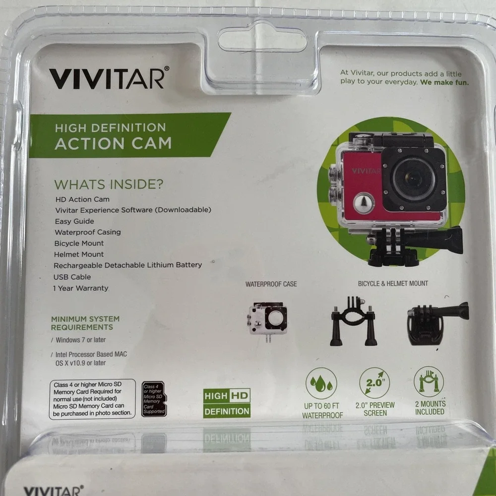 VIVITAR HIGH DEFINITION ACTION WATERPROOF VIDEO CAMERA + 2 MOUNTS 2.0